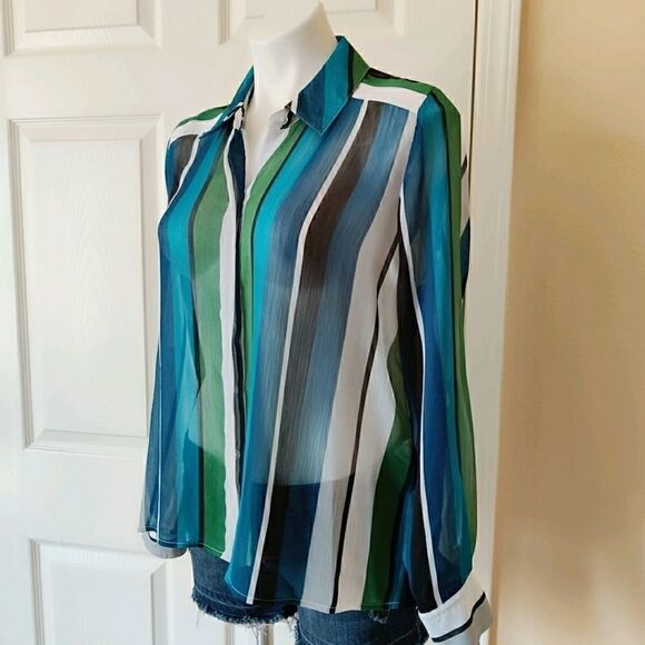 INC sheer striped button up blouse sz M - Picture 6 of 9